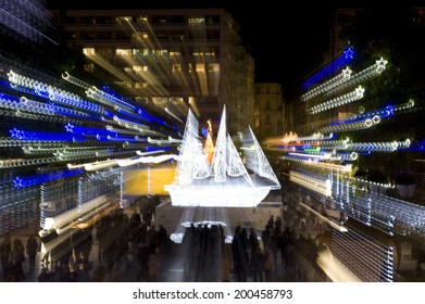 ATHENS, GREECE - DEC. 12. The Illuminated Boat Is Very Old Greek Tradition For Christmas Decorations (instead Of Christmas Tree). This 