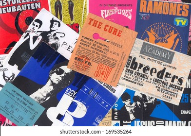 ATHENS, GREECE - DECEMBER 22, 2013: Vintage Concert Ticket Stubs Punk And Alternative Rock Music Memorabilia From The 80s And 90s.