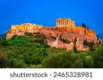 Athens, Greece: The Famous Acropolis of Athens with Parthenon Temple, Odeon of Herodes Atticus, Herodeion, at sunset. Europe travel destination