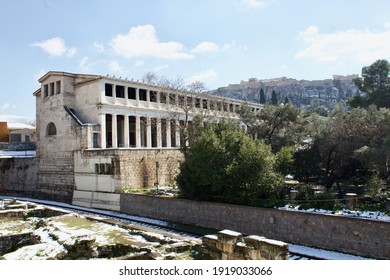 Athens, Greece - February 17 2021: Ancient Agora And Acropolis View In Winter With Snow