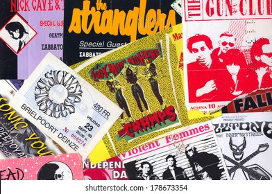 ATHENS, GREECE - FEBRUARY 24, 2014: Vintage Live Gig Concert Tickets Punk And Indie Rock Music Memorabilia From The 1980s And 1990s.