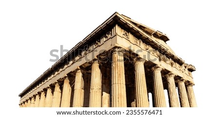 Athens, Greece. Hephaestus temple isolated on white transparent background, Front high angle view