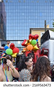 Athens, Greece - June 18 2022: LGBTQ+ Pride Parade Near Panepistimiou In Downtown Athens In Front Of Building Facade With People On A Parade Float