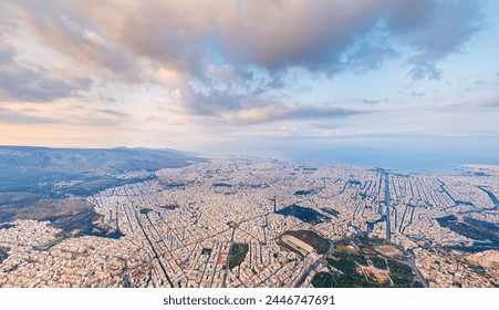 Athens, Greece. Large panorama of the central part of the city. Morning sun. Aerial view - Powered by Shutterstock