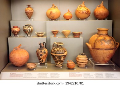 Athens, Greece - March 10, 2019: Various artifacts of the bronze age found in the tombs of the ancient Mycenae, Athens arcaeological museum, Greece