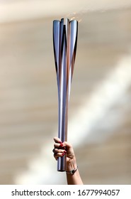 Athens, Greece - March 19, 2020: Olympic Flame handover ceremony for the Tokyo 2020 Summer Olympic Games at the Panathenaic Kallimarmaro Stadium
