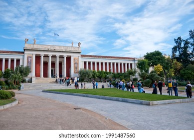 Athens, Greece - May 15, 2021: Long Line Of People Outside The National Archaeological Museum At The Day Of Opening After The Covid-19 Quarantine.