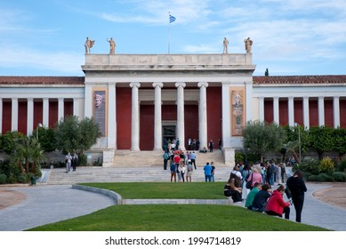 Athens, Greece - May 15, 2021: Long Line Of People Outside The National Archaeological Museum At The Day Of Opening After The Covid-19 Quarantine.