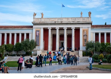 Athens, Greece - May 15, 2021: Long Line Of People Outside The National Archaeological Museum At The Day Of Opening After The Covid-19 Quarantine.