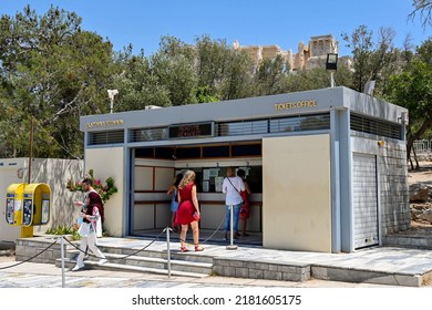 Athens, Greece - May 2022: People Queuing At The Ticket Office At The Entrance To The Acropolis