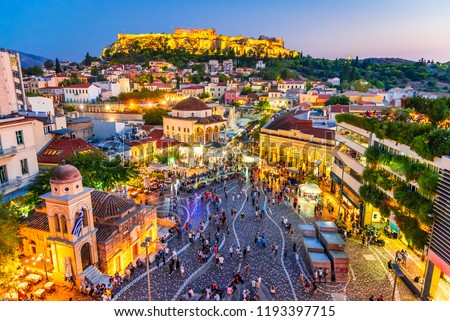 Athens, Greece -  Night image with Athens from above, Monastiraki Square and ancient Acropolis.