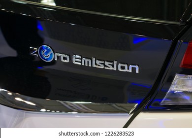 Athens, Greece - November 10 2018:  Zero Emission Logo On A Nissan Hybrid Electric Car 