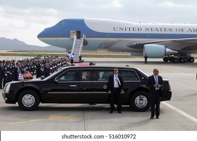 Athens, Greece, November 15, 2016: US Presidential State Car Waits By Air Force One Lands At The Athens International Airport Eleftherios Venizelos. President Barack Obama Arrived In Greece