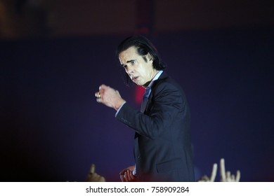 Athens, Greece - November 16, 2017: Nick Cave and the Bad Seeds band, performs at Faliro Sports Arena on Nov 16, 2017 in Athens, Greece.