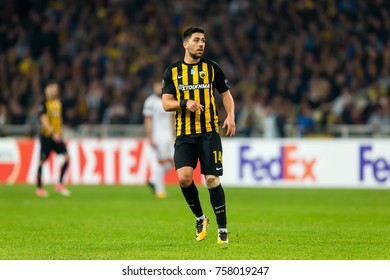 Athens, Greece - November 2, 2017: Player Of AEK Tasos Bakasetas During The UEFA Europa League Game Between AEK FC Vs AC Milan At OAKA Spiros Louis Stadium