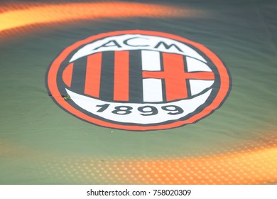 Athens, Greece - November 2, 2017: The Logotype Os Milan During The UEFA Europa League Game Between AEK FC Vs AC Milan At OAKA Spiros Louis Stadium