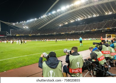 Athens, Greece - November 2, 2017: Photographers During The UEFA Europa League Game Between AEK FC Vs AC Milan At OAKA Spiros Louis Stadium