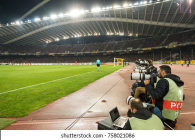 Athens, Greece - November 2, 2017: Photographers During The UEFA Europa League Game Between AEK FC Vs AC Milan At OAKA Spiros Louis Stadium