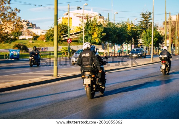 Athens, Greece - November 20, 2021 Greek police on\
patrol in the city center of Athens during the coronavirus epidemic\
hitting Greece