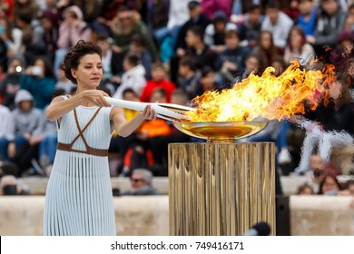 Athens, Greece - Oct 31,2017: The Olympic flame was handed to organizers of the Pyeongchang (South Korean) Winter Olympics Feb. 9-25, 2018. the ceremony was held in Panathenaic Kallimarmaro Stadium