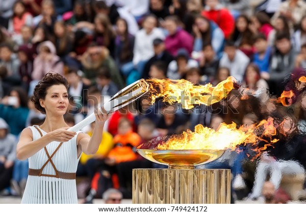Athens, Greece - Oct 31,2017: The Olympic flame was handed to organizers of the Pyeongchang (South Korean) Winter Olympics Feb. 9-25, 2018. the ceremony was held in Panathenaic Kallimarmaro Stadium