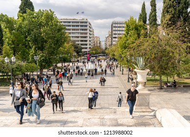 Athens, Greece / October 13, 2018: People Ascend The Stairs In Syntagma Square, A Popular Public Space In The Center Of The City. More Than Half A Million People Live Downtown Athens.