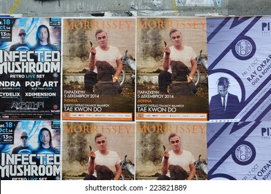 ATHENS, GREECE - OCTOBER 15, 2014: Wall With Live Music Concert Posters Indie Rock By Morrissey And Dj Sets Of Minimal Techno By Ray Okpara And Psychedelic Trance By Infected Mushroom.