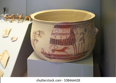 Athens, Greece, September, 03, 2016. Mycenaean Pottery In Museum Of Archaeology, Athens, Greece. These Art Objects Were Excavated By Schliemann In Mycenae.