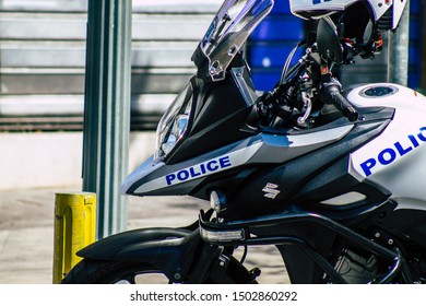 Athens Greece September 12, 2019 View of Greek police motorcycle parked in the streets of Athens in the morning
