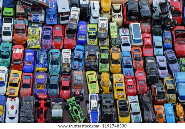 ATHENS, GREECE\
- SEPTEMBER 14, 2018: Vintage miniature toy cars background. Scale\
models collection at street\
market.
