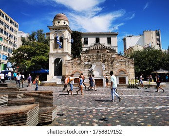 ATHENS, GREECE - SEPTEMBER 3, 2019:  Church of Panagia Kapnikarea in the famous Ermou street on bright sunny September day
