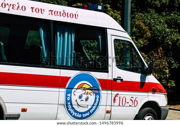 Athens Greece\
September 4, 2019 View of a Greek ambulance driving through the\
streets of Athens in the\
morning