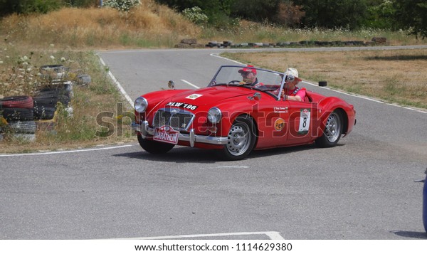 ATHENS, JUNE 10, 2018. Classic english car MG A\
TwinCam, of 1959, during a circuit run close to Athens,\
participating in the HERO Classic Marathon Rally, held in Greece\
from 10-16, June 2018