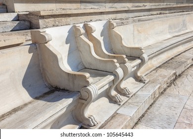 ATHENS - MAY 19: Royal Seats In Panathinaiko Stadium On 19th May 2012, Athens. During Classical Times, The Stadium Had Wooden Seating. It Was Remade In Marble, By The Archon Lycurgus, In 329 BC