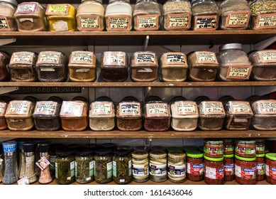 Athens Old Town, Attica - Greece - 12 28 2019 Food Shelf With Mediterranean Herbs And Jam In The Local Market