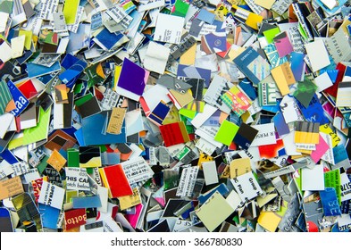 ATHENS, UNITED STATES: Circa 2015. Expired Credit And Gift Cards Chopped Up An In A Heap Illustrate The Burden Of Growing Consumer Credit Card Debt