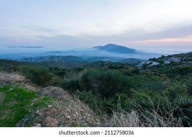 Athens View From Penteli Mountain, Greece. Penteli Mountain Is In The North Athens Regional Unit, Attica, Greece