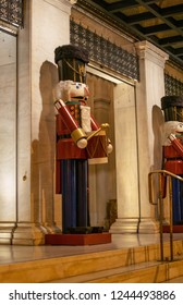 Athens,Greece-November 25,2018.Image shows Nutcrackers soldiers placed at the entrance of the Grande Bretagne hotel located near Syntagma square