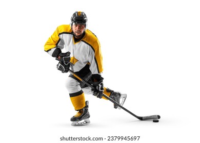 Athlete in action. Hockey. Professional hockey player in the helmet and gloves on white background. Hockey concept