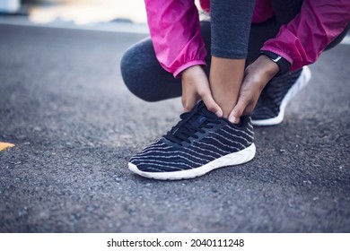 Athlete Asian Young Girl Ankle Injury Sprain Pain Hurt Running Exercise Fitness Healthy Lifestyle Resting Tired Wearing Casual Jogging Clothes, Morning Sunrise Outdoor Nature Mountain Lake Landscape