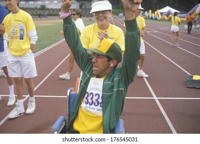 Athlete Cheering At Finish Line, Special Olympics, UCLA, CA