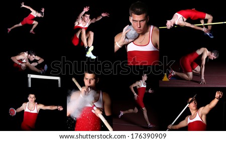 athlete in decathlon, studio isolated, hurdle race, shot put, javelin throwing, discus throw, pole vault,  long jump, high jump