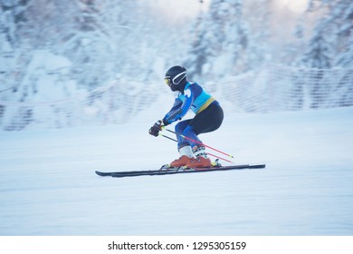 Athlete engaged in the race of super g , giant slalom downhill alpine ski racer professional