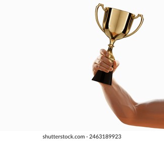 Athlete hand raised, holding gold sport cup against free white background. award and victory concept - Powered by Shutterstock