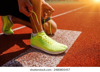 An athlete is lacing up bright neon yellow running shoes on a track, getting ready for a sunrise run - Powered by Shutterstock