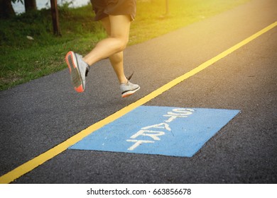 Athlete Man Feet Running On Road , At Start Point,warm Up 