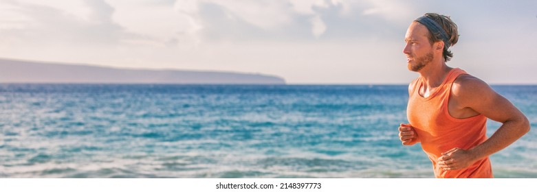 Athlete Man Runner Sweating Tired During Endurance Workout On Beach Running At Sunset Portrait Panoramic Banner. Active Lifestyle