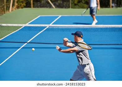 Athlete, man and tennis on court with workout, competition and performance outdoor with fitness and energy. Sport, player and ball on turf for training, exercise and racket with serve, game and hobby - Powered by Shutterstock