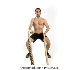 Athlete Man Training With Gym Ropes On White Background