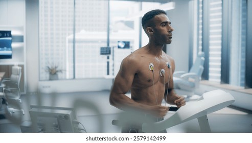 Athlete Performs Treadmill Exercise Test in a High-tech Medical Lab, Monitored by Sensors, Showcasing Advanced Fitness Evaluation and Health Monitoring